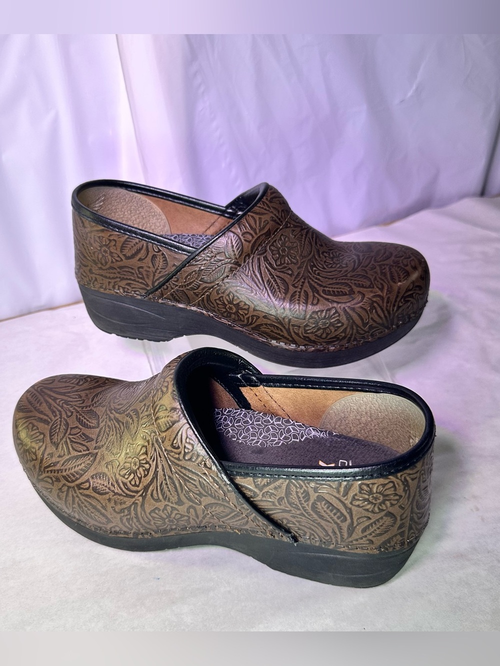 Dansko Brown Floral-Embossed Leather Clogs
